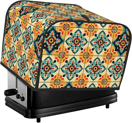 Brown Boho Tile Covers for 4 Slice Toasters,Cute Country Bread Machine Cover with Handle,Washable Stain Resistant Kitchen Small Appliance Cover Dining Decor