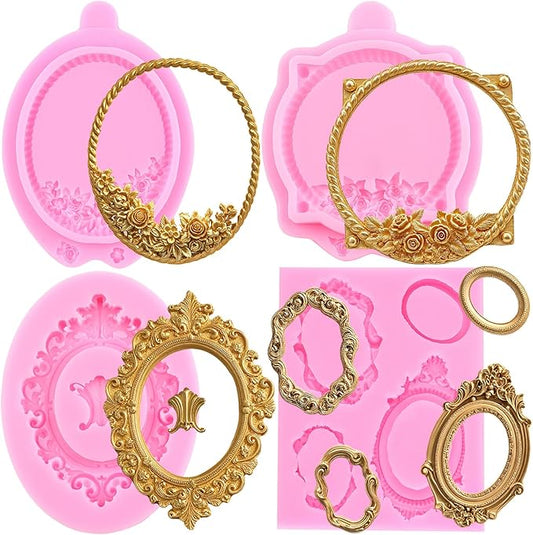Mujiang Picture Frames Silicone Mold Photo Frame Fondant Molds Vintage Frame Mold For Sugar Cake Decorating Cupcake Topper Chocolate Gum Paste Candy Polymer Clay Set Of 4