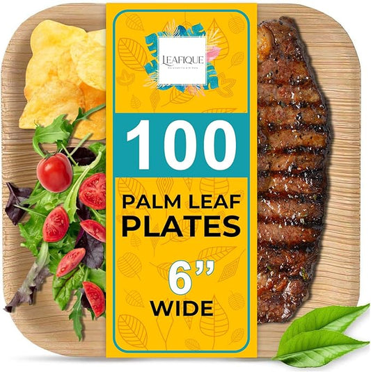 100% Natural 6” Palm Leaf Square Plate (100 pack), Compostable & Biodegradable Dinnerware for Catering, Birthdays, Halloween, BBQs, Thanksgiving, Alternative to Paper & Bamboo Plates Disposable