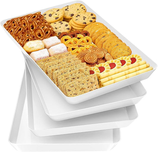 SpaceTrove 4-Pack Serving Tray Set, Reusable Plastic Serving Platter for Party Supplies, Entertaining, Grilling Accessories, Stackable Kitchen Snack Box Container for Dessert, Fruit, Cookie, (White)