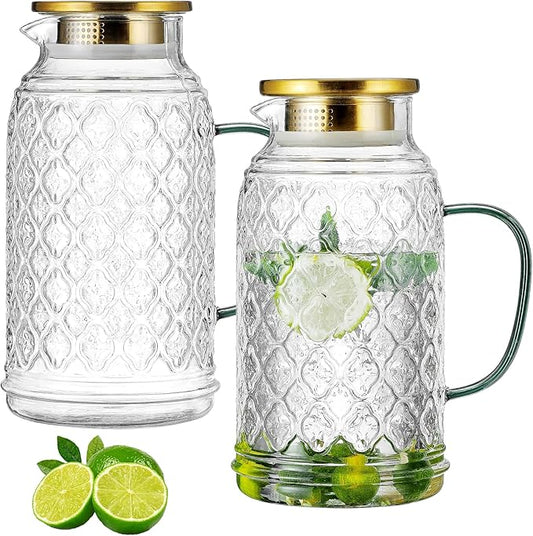 Buaic Glass Pitcher with Lid, 2 PACK 84 oz/2.5L Liter Vintage Water Pitcher, Clear Borosilicate Glass Water Carafe for Cold Brew, Coffee, Lemonade, Iced Tea,Beverage, Heat Resistant