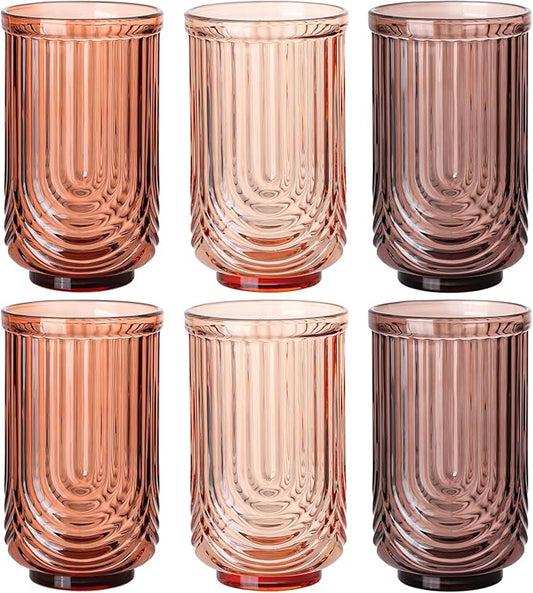 JOVGANK Amber Vintage Glassware Set of 6-17Oz Brown Water Drinking Glass, Art Deco Ripple Highball Glass, Whiskey Cocktail Glasses, for Bar Ice Coffee Juice, Housewarming Gifts and Mother's Day Gift