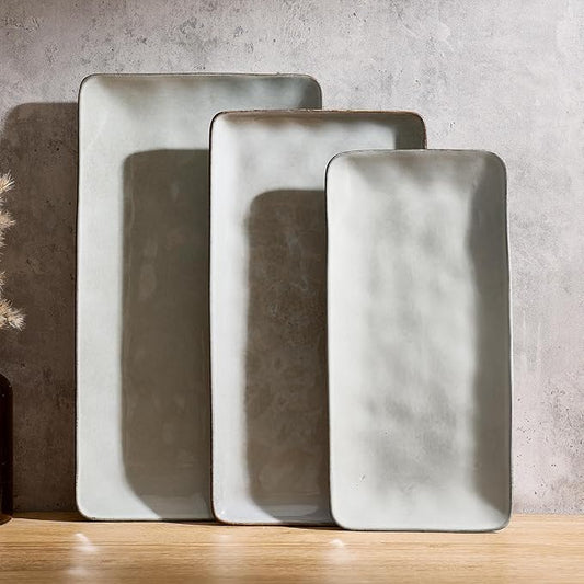 Famiware Serving Platter, Rectangular 15.67/14.1/12.6inch Serving Dishes for Entertaining, Reactive Glaze, Stoneware Serving Trays for Party, Food, Turkey, Snack, Cheese, Ocean Series, Grey