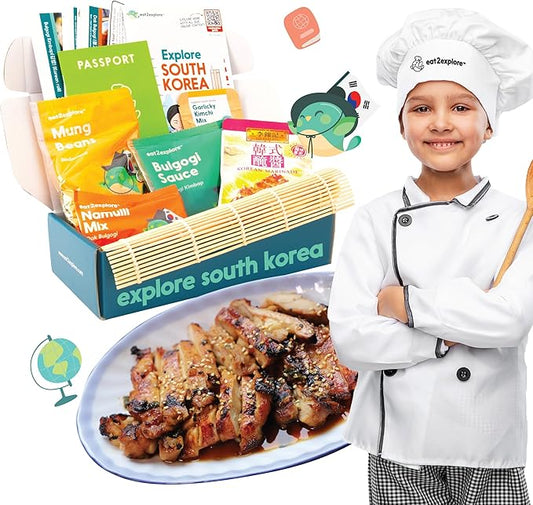 eat2explore Cooking Kits for Kids 14 Pcs – Interactive & Educational Kids Cooking Sets Real for Ages 5 and Up,3 Recipe Cards & Global Ingredients – Perfect for Families and Homeschooling (South Korea)