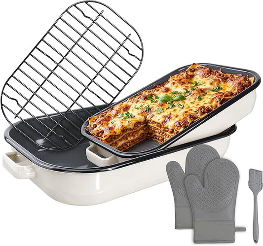 Roasting Pan for Oven with Rack 6-Piece Enamel Lasagna Baking Dishes Set 14&17 Inch, 572°F High Temperature Resistance Dishwasher Safe Non-Stick Deep Turkey Roaster Pan Mothers Day Gift Bakeware