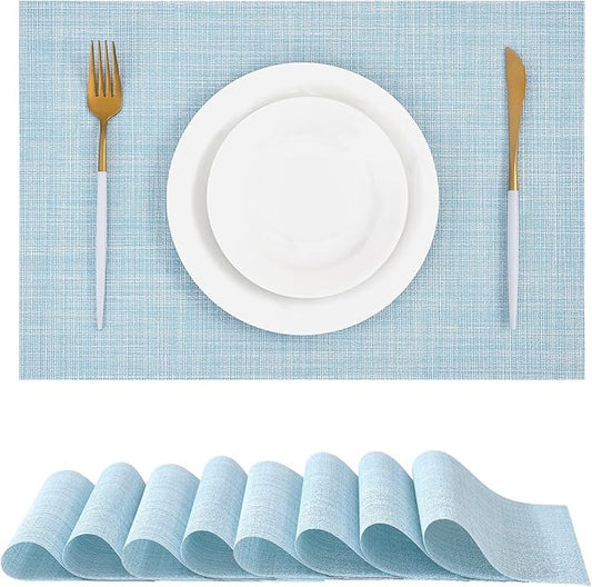 Leetaltree Soft Sky Blue Woven Placemats Set of 8 - Heat Resistant Non-Slip Place mats for Dining Table, Washable Durable PVC Vinyl Woven Table Mats(Sky Blue, 8)
