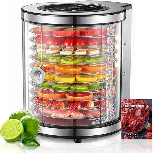 Reemix Food Dehydrator, 10 Tier Stainless Steel Rotating Trays, 850W Dryer for Beef Jerky, Fruits, Vegetables, Dog Treats, Clear View & Touch Control, 10 Presets & Custom, Easy-Clean