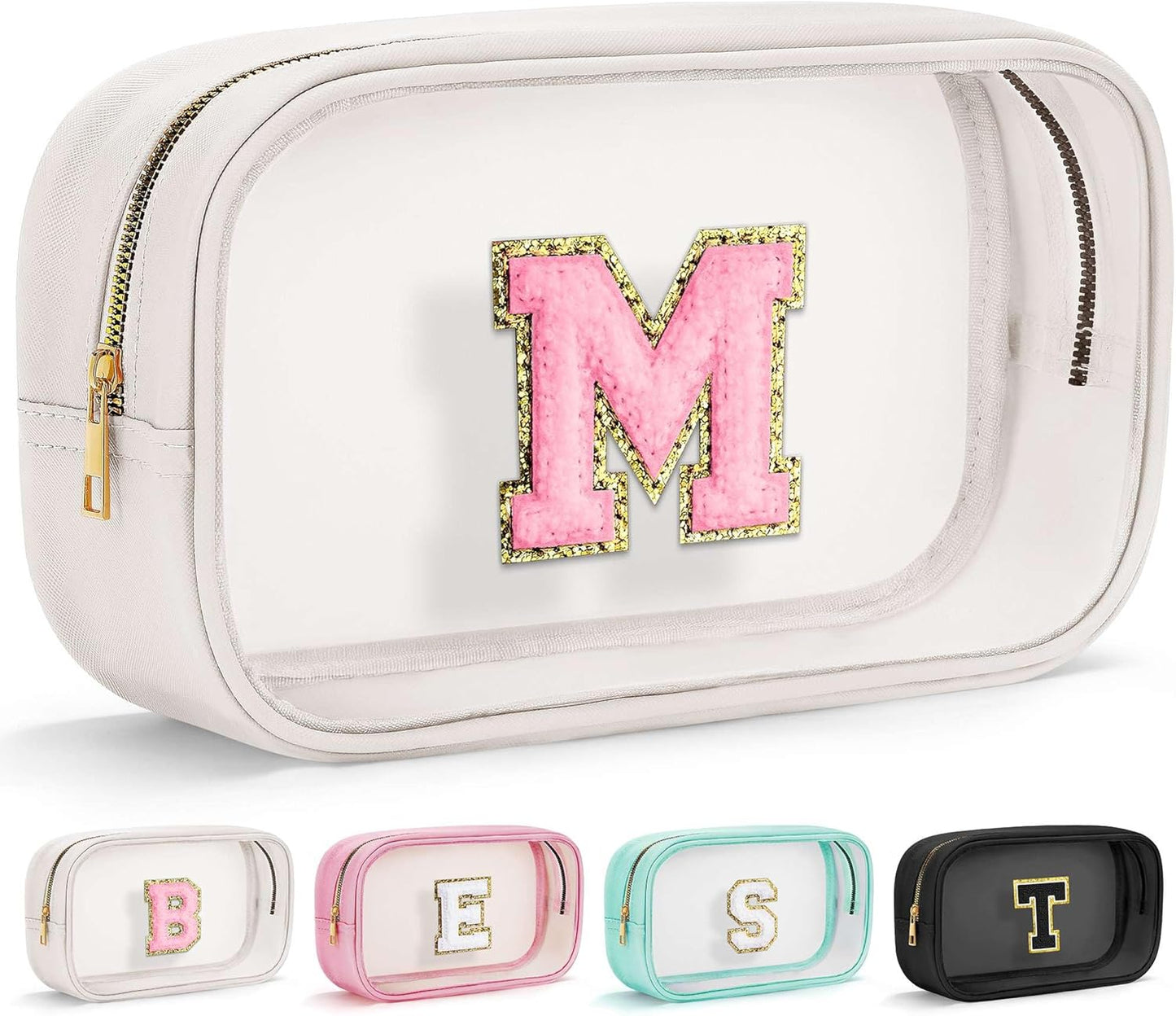 YOOLIFE Initial Make Up Bag Travel Toiletry Bag, Clear Makeup Bag Preppy Cosmetic Bag Clear Makeup Bags With Zipper Girlfriend Teacher 6 Year Old Girl Gifts Daughter Gifts Swim Gifts For Girls White M
