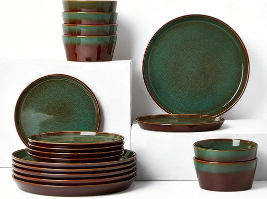 Pokini Plates and Bowls Sets for 6, Ceramic Dinnerware Sets, Kitchen Dish Set, Microwave & Dishwasher Safe Dishware, Highly Durable Reactive Glazed Dinner Set, Brown Green