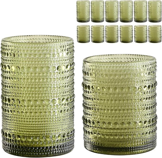 ZMOWIPDL Vintage Glassware Drinking Glasses Set of 12,Green 12oz & 15oz Hobnail Glass Cups,Embossed Water Tumbler,for Beer,Cocktail,Whiskey,Juice and Various Mixed Drinks- 1 Cleaning Brush