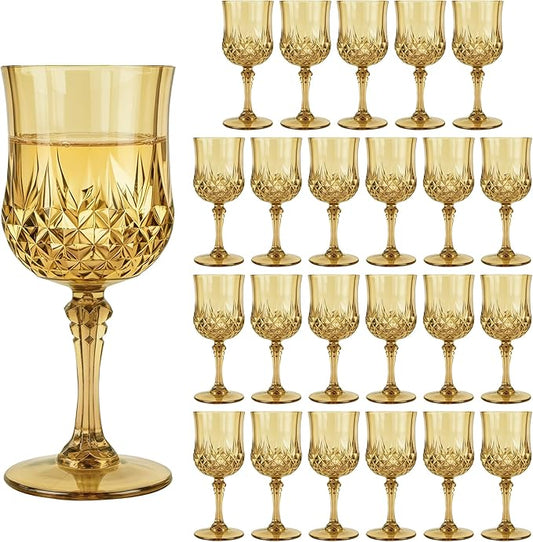 Plastic Wine Glasses, Plastic Goblets Vintage Style Cordial Unbreakable Drinking Glasses, Reusable Drinkware for Wedding Reception, Grand Event Party Supplies (24, Gold)