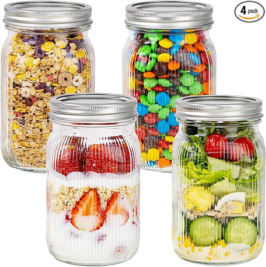 WELLIFE Clear Stripe Mason Jars 32oz-4Pcs