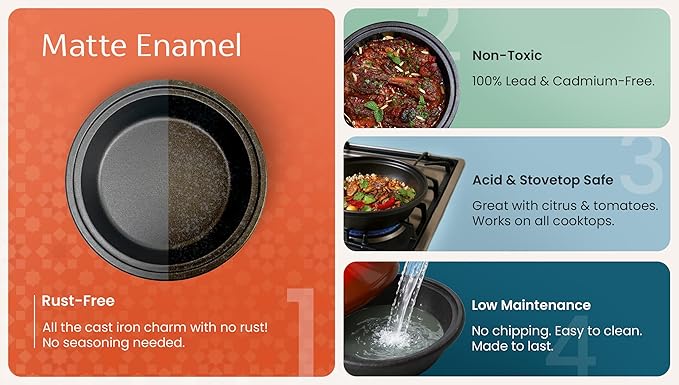 KooK Moroccan Tagine, Enameled Cast Iron Cooking Pot, Tajine with Ceramic Cone-Shaped Closed Lid, 3.3 QT, (Crimson)