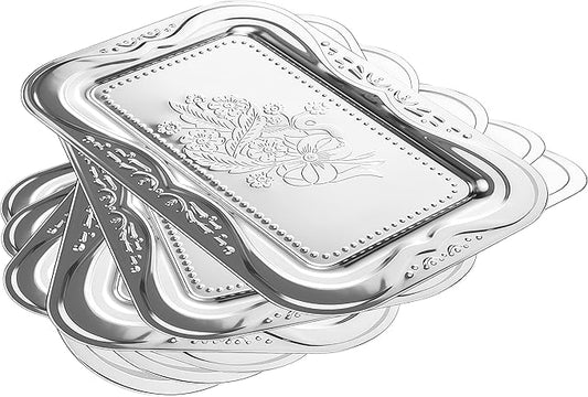 6-Pack Silver Serving Trays Set (14" x 9") – Bow Floral Engraved Serving Platters for Parties, Weddings, Birthdays, Festive Occasions – Mirror Trays for Charcuterie, Cookies, Desserts, Snacks, Fruit