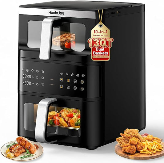 13QT Dual-Basket Air Fryer, Vertical Compact Large Air Fryers with viewing window & Independent Light, 10-in-1 Presets for Home Family, Bake/Grill/Dehydrate/Reheat, Freidora De Aire Dishwasher-Safe