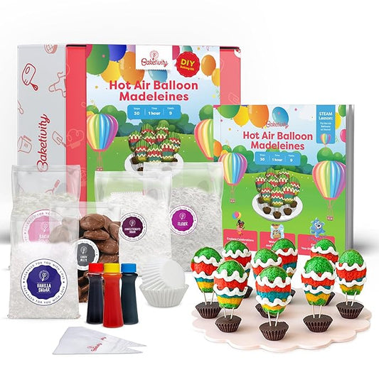 Hot Air Balloon Madeleines Kids Baking Kit STEM Learning Activity Pre-Measured Ingredients Silicone Madeleine Mold Colorful Batter & Icing Decorating Set Educational Recipe Book for Fun Family Baking