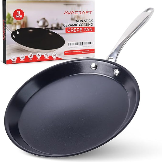 AVACRAFT 11 inch Nonstick Ceramic Coating Stainless Steel Crepe Pan, Tawa, Dosa Tortilla Pan, Compatible with All Stovetops, PFOA, PTFE Toxinx Free