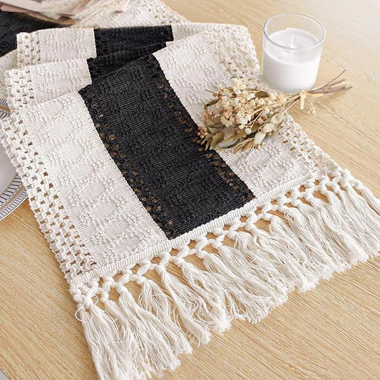 FEXIA Boho Table Runner for Home Decor with Tassels 108 Inches Long,Black Farmhouse Rustic Table Runner Macrame Burlap Table Decoration for Living Room Bridal Shower(12x108 Inches)