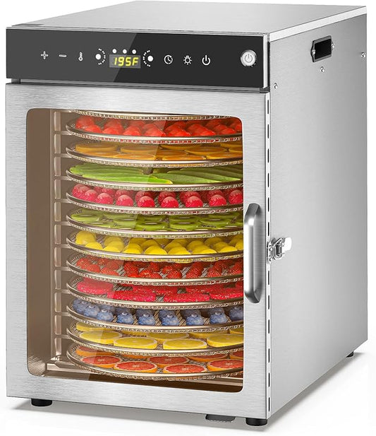 Food Dehydrator 12 Trays - 360° Rotary Meat Dehydrator for Jerky with 194°F Temp & 24H Time Control, 800W Even Heating Food Dryer Machine for Herbs, Fruit, Meat, Yogurt, Silver