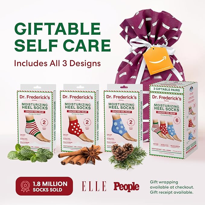 Dr. Frederick's Holiday Fuzzy Heel Socks - 3 Pairs - Christmas Self-Care Gift - Cozy Gel-Lined Sleep Socks - Spa Pampering Gift Set - Soothe Dry, Cracked Feet Overnight - Holiday Special Editions