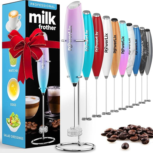 PowerLix Powerful Handheld Milk Frother With Stand Battery Operated Foam Maker Frother Wand For Coffee (Lake blue）