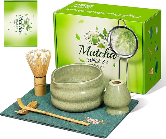 Matcha Whisk Set 7pcs, Japanese Macha Making Kit - 17oz Bowl with Spout, Bamboo Whisk, Chasen Holder, Scoop, Scoop Rest, Stainless Steel Sifter & Towel, Tea Gift Tools for Starter & Enthusiasts, Green