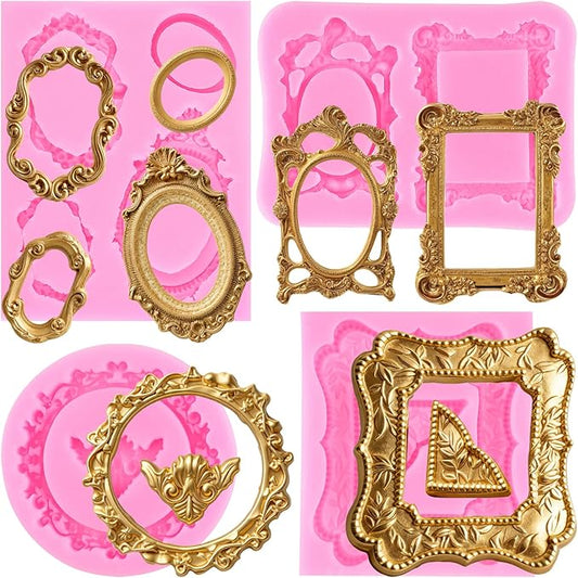 Mujiang Picture Frames Silicone Mold Photo Frame Fondant Mold Baroque Style Curlicues Scroll Lace Frame Molds For Cake Decorating Cupcake Topper Candy Chocolate Gum Paste Polymer Clay Set Of 4