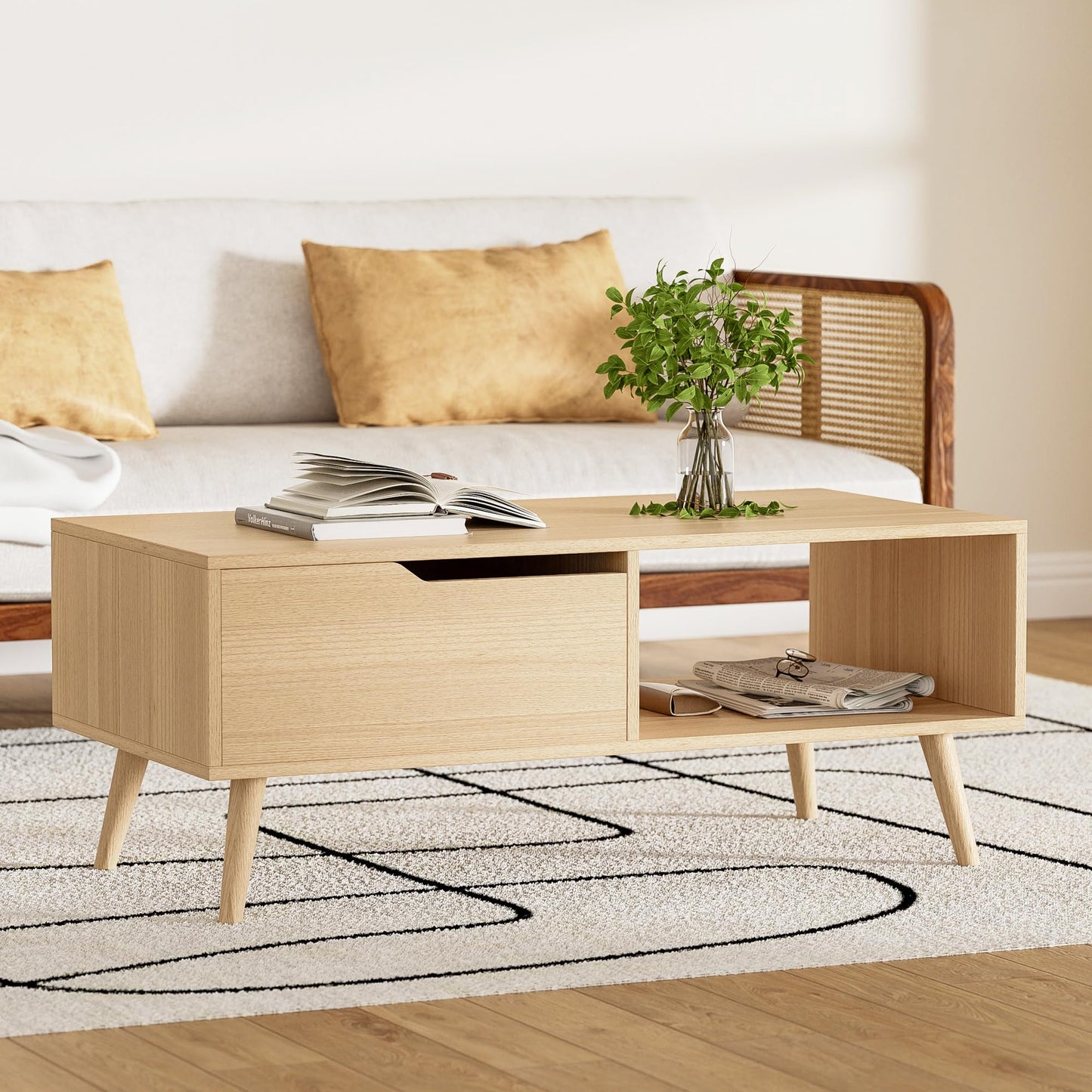 DIYART Oak Coffee Table, Mid Century Modern Coffee Table with Drawer & Shelf, 39'' Wooden Simple Console Table for Living Room