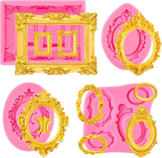 Puyeipt 4 Pcs Photo Frame Silicone Molds, Baroque Style Picture Photo Frames and Mirrors Fondant Molds for Cupcake Topper, Chocolate, Candy, Donut Cake Puck Decoration and Clay Craft Making