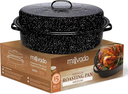 Millvado Granite Roasting Pan, 10 lb Capacity Turkey Roasting Pan with Lid, 15" Granite Oven Roaster Oval Shaped Speckled Enamel on Steel Cookware