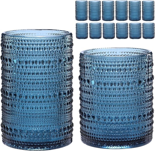 ZMOWIPDL Vintage Glassware Drinking Glasses Set of 12,Blue 12oz & 15oz Hobnail Glass Cups,Embossed Water Tumbler,for Beer,Cocktail,Whiskey,Juice and Various Mixed Drinks- 1 Cleaning Brush