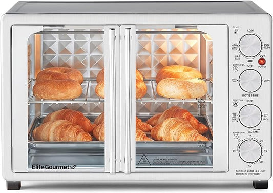 Elite Gourmet ETO4524 45L Countertop Convection Toaster Oven, French Doors, Adjustable Temperature & Timer, Bake, Roast, Broil, Toast, Includes Baking Pan, Rack, Rotisserie, Stainless Steel