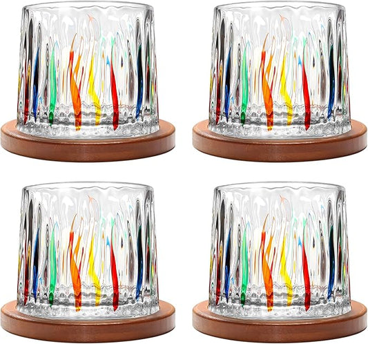 Rotatable Old Fashioned Glass, 275ml/10oz Crystal Whiskey Glass Set of 4, Wood Coaster, Thickening, Used as Rum Glass, Cocktail Cup, Coffee Cup, Milk Cup to Relax and Reduce Stress, Christmas gifts