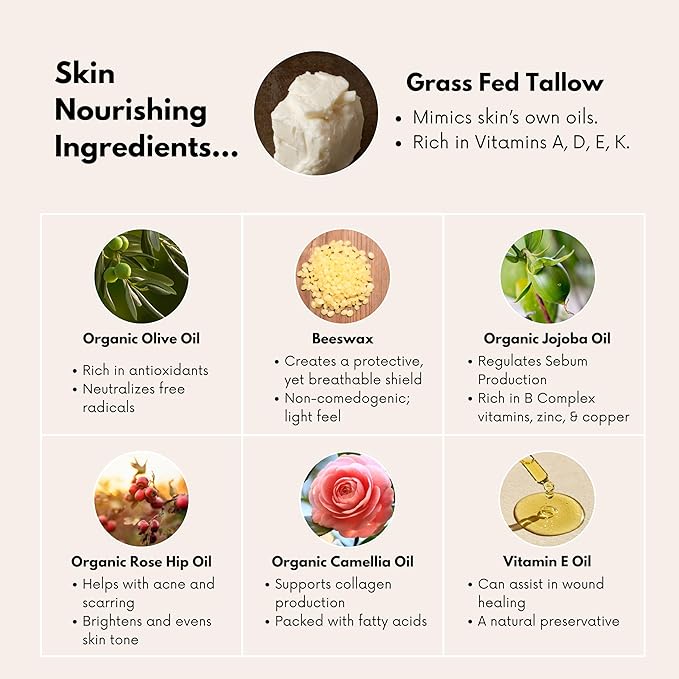 Tallow and Rose Hip Barrier Balm, Grass-Fed Tallow with Beeswax and Rosehip Oil, 2oz, All Skin Types, Face and Body (2oz, Lavender & Mint)
