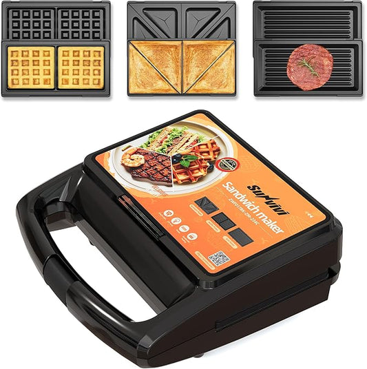 Sunvivi 3 in 1 Sandwich Maker, Electric Waffle Maker with Removable Non-stick Plates, 800W Panini Press Grill with Glass Top, Cool Touch Handle & Easy to Clean, Black