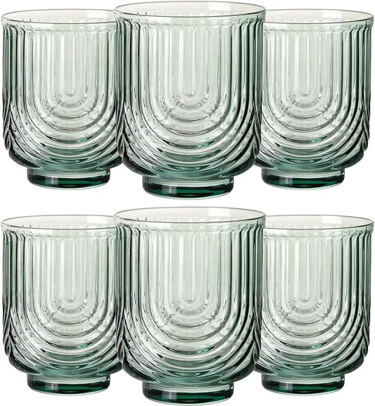 JOVGANK Green Vintage Glassware Set of 6-14Oz Green Water Drinking Glass, Art Deco Ripple Highball Glass, Whiskey Cocktail Glasses, for Bar Ice Coffee Juice, Housewarming Gifts and Mother's Day Gift