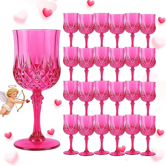 Plastic Wine Glasses, Plastic Goblets Vintage Style Cordial Unbreakable Drinking Glasses, Reusable Drinkware for Wedding Reception, Grand Event Party Supplies, Mother's Day (24, Hot Pink)
