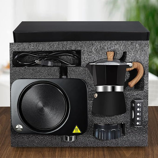 4-in-1 Moka Pot Espresso Set with Electric Stove 3 Cup Aluminum Stovetop Coffee Maker Percolator Italian Classic Mocha Coffee Machine with Powder Dispenser Filter Paper Portable Camping Black