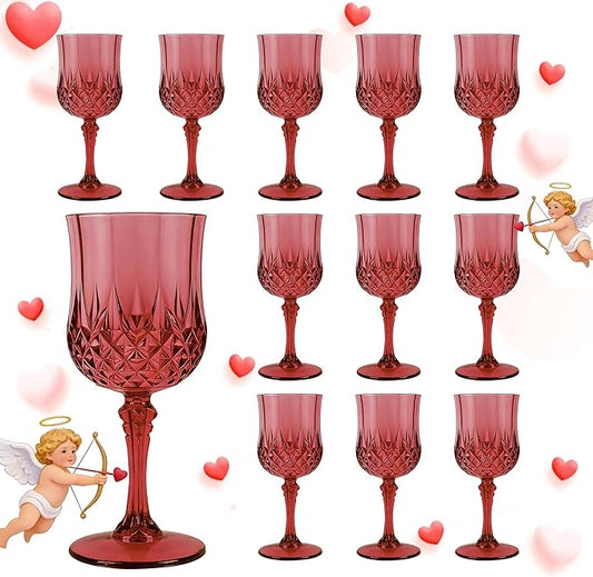 Plastic Wine Glasses, Plastic Goblets Vintage Style Cordial Unbreakable Drinking Glasses, Reusable Drinkware for Wedding Reception, Grand Event Party Supplies, Mother's Day (12, Burgundy)