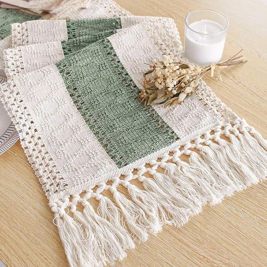 FEXIA Boho Table Runner for Home Decor with Tassels 60 Inches Long,Sage Green Farmhouse Rustic Table Runner Macrame Burlap Table Decoration for Living Room Bridal Shower(12x60 Inches)