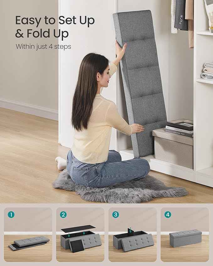 SONGMICS MAZIE Collection - 43 Inches Folding Storage Ottoman Bench, Ottoman Foot Rest, End of Bed Bench, Storage Chest, Load 660 lb, for Living Room, Bedroom, Entryway, Light Gray ULSF77G
