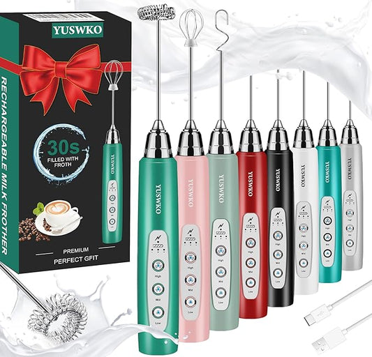 YUSWKO Milk Frother Handheld for Coffee, Rechargeable Drink Mixer with 3 Heads 3 Speeds Electric Coffee Frother Whisk, Gift for Many Occasions and Festival