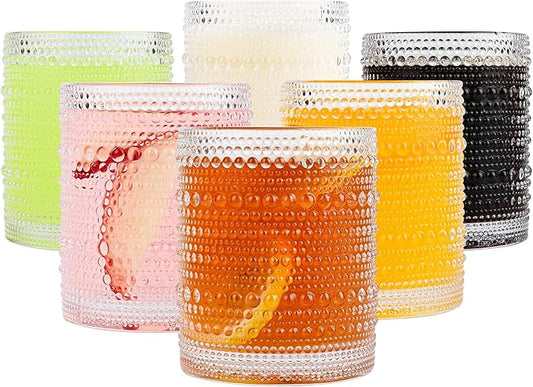 ZMOWIPDL Vintage Glassware Drinking Glasses Set of 6,12 oz Hobnail Glass Cups,Embossed Clear Water Tumbler,for Beer,Cocktail,Whiskey,Juice and Various Mixed Drinks- 1 Cleaning Brush