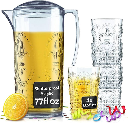 Muldale Plastic Pitcher and Glasses Set with Lid - BPA Free Large Acrylic Jug Set of 5 - Outdoor Water Pitcher Set - Jarra Para Jugo - 77oz Sangria Pitchers