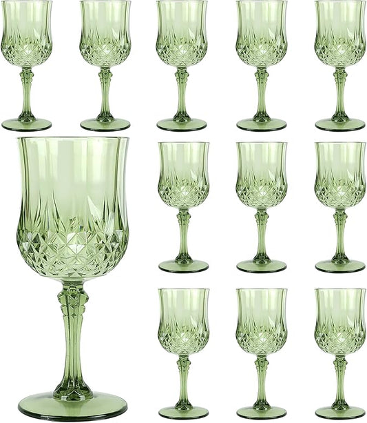 Plastic Wine Glasses, Plastic Goblets Vintage Style Cordial Unbreakable Drinking Glasses, Reusable Drinkware for Wedding Reception, Grand Event Party Supplies (12, New Green)