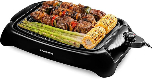 OVENTE Electric Indoor Grill with 13x10 Inch Non-Stick Cooking Surface, 1000W Fast Heat Up Power, Adjustable Temperature, Removable and Dishwasher Safe Grilling Plate and Drip Tray, Black GD1632NLB