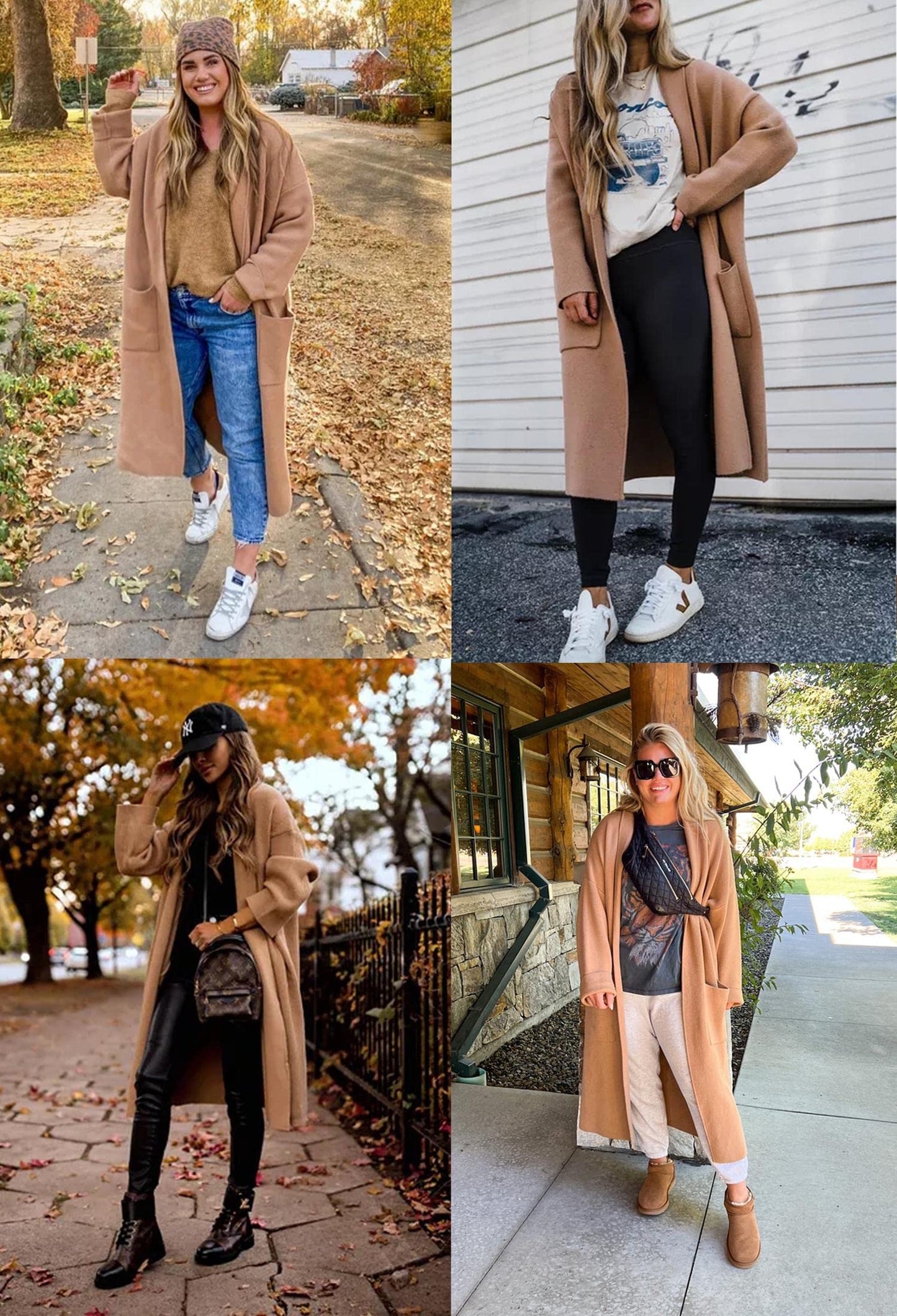 Womens Long Sleeve Maxi Cardigan Open Front Oversized Knitted Sweater Coat Casual Lapel Warm Overcoat with Pockets Camel
