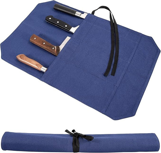 HERSENT A Chef's Knife Roll Bag - Portable Travel Chef Knife Case Carrier Holder Storage Bag With 4 Slots Best Gift For Pro Chef Or Culinary Enthusiasts Men Women HGJ03-P (Navy Blue)