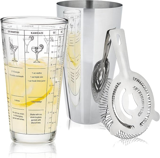 True 3-Piece Barware Set for Mixed Drinks and Cold Brew Cocktails, Includes Cocktail Shaker Tin, Cocktail Mixing Glass with 7 Printed Recipes, and Hawthorne Strainer, Home Bar Tools, Bartender Gifts