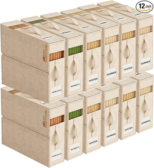 12Pack Sheet Organizers and Storage - King/Queen Size Sheet Storage Organizer with Window, Foldable & Dustproof Sheet Organizer for Linen Closet for Summer Blankets & Sheet Sets,Beige